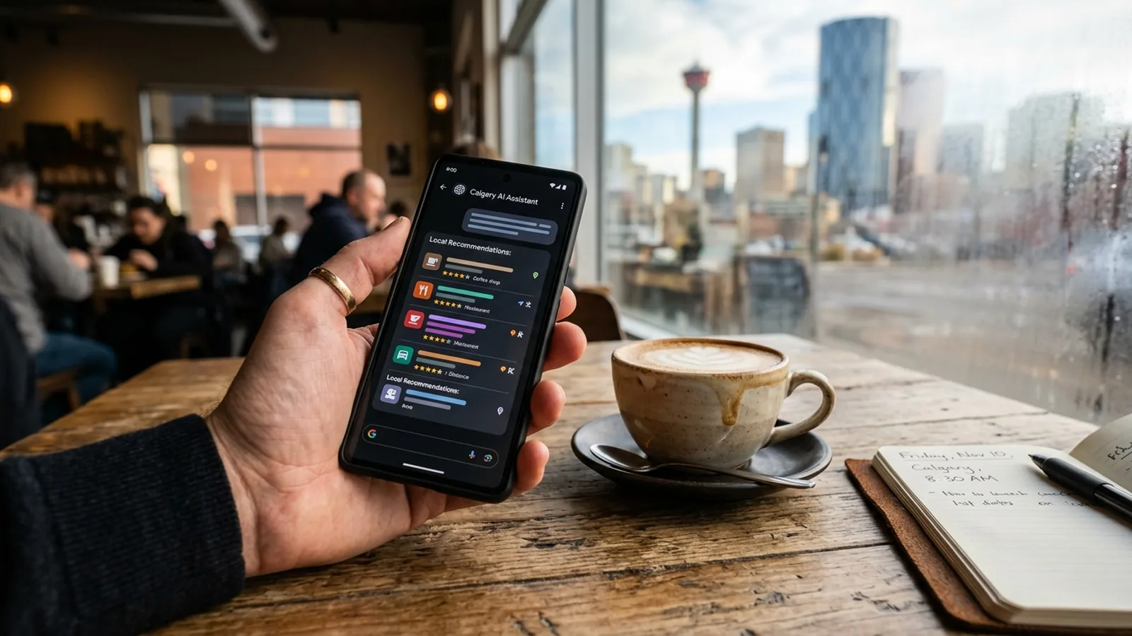A phone showing an AI chat answer that lists local businesses, on a Calgary café table