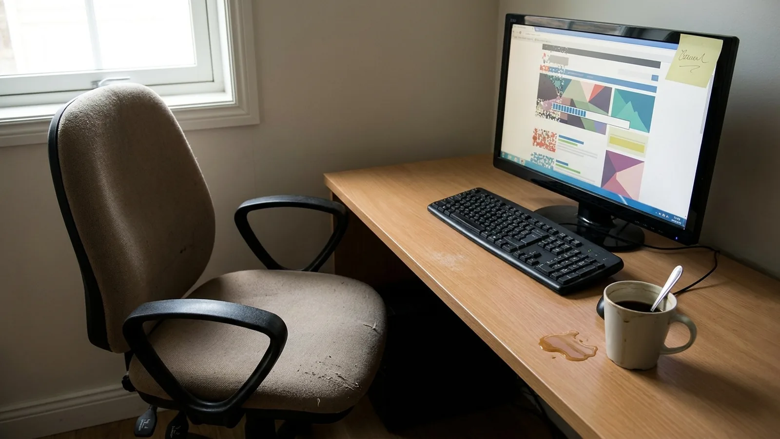 An empty office chair in front of a computer showing a broken website